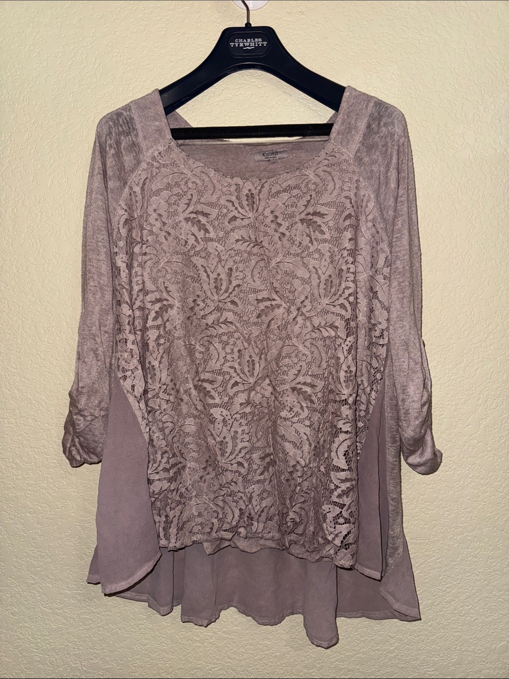 Rosemarie Italy Lace Overlay Tunic Top Large Taupe Boho Layered Size L